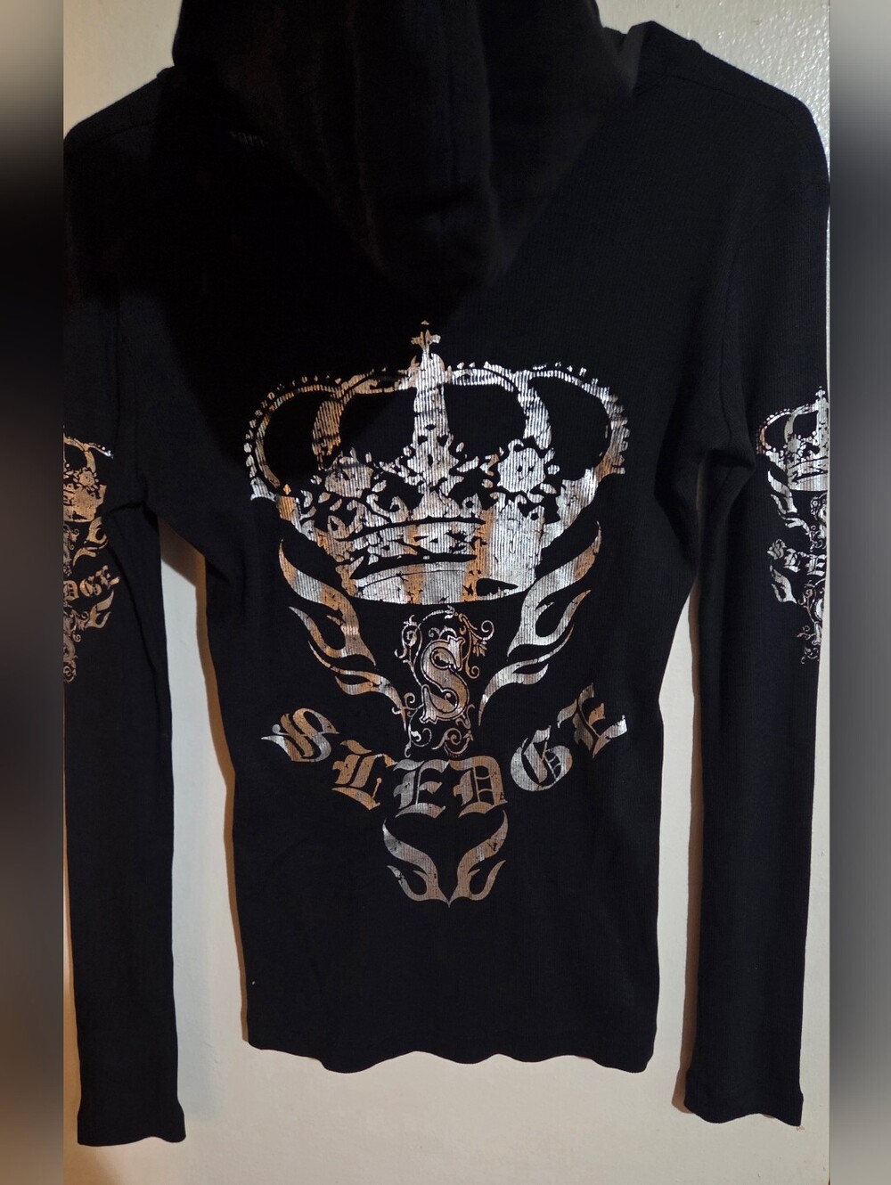 Sledge Y2K Deadstock Grunge Ribbed Long Sleeve Hooded Top Size Medium NWOT